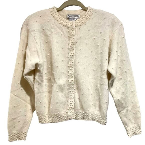 LAUREN ALEXANDRA Vintage Angora  & Lambswool Pearl Embellished Cardigan Size L - Picture 1 of 16